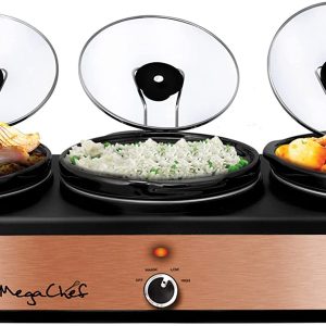 Megachef Triple 2.5 Quart Slow Cooker and Buffet Server in Brushed Copper and Black Finish with 3 Ceramic Cooking Pots and Removable Lid Rests