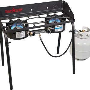 Camp Chef Explorer, Two Burner Stove, Two 30,000 BTU’s cast-aluminum burners, Cooking Dimensions: 14 in. x 32 in