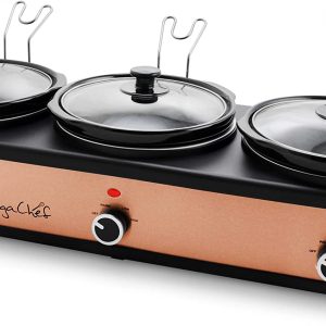 Megachef Triple 2.5 Quart Slow Cooker and Buffet Server in Brushed Copper and Black Finish with 3 Ceramic Cooking Pots and Removable Lid Rests